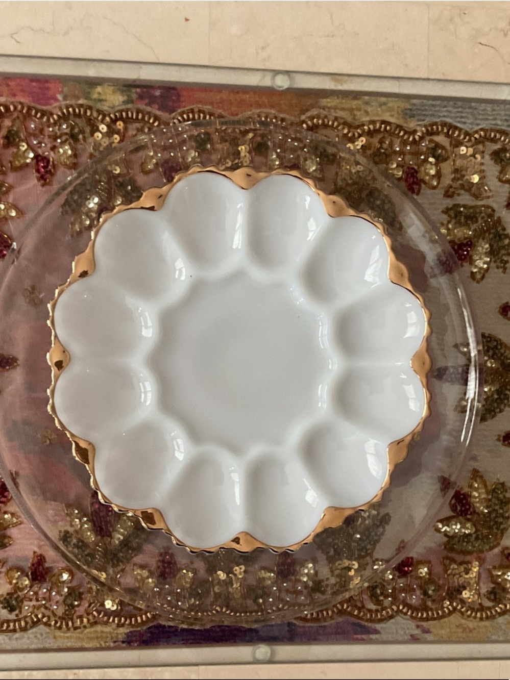 White Glass Egg Tray with Gold Rim - Home Dining